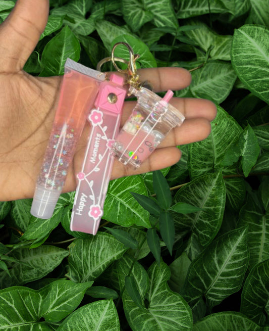 Pink Happy Moments Liquid Acrylic Keychain with lipgloss